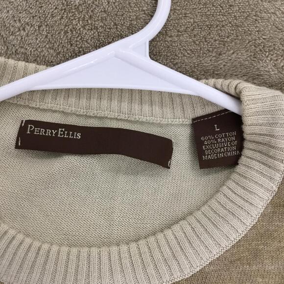 PERRY ELLIS Beige Tan Squares on Front Long Sleeve Crewneck Cotton Sweater Sz L - Picture 3 of 6